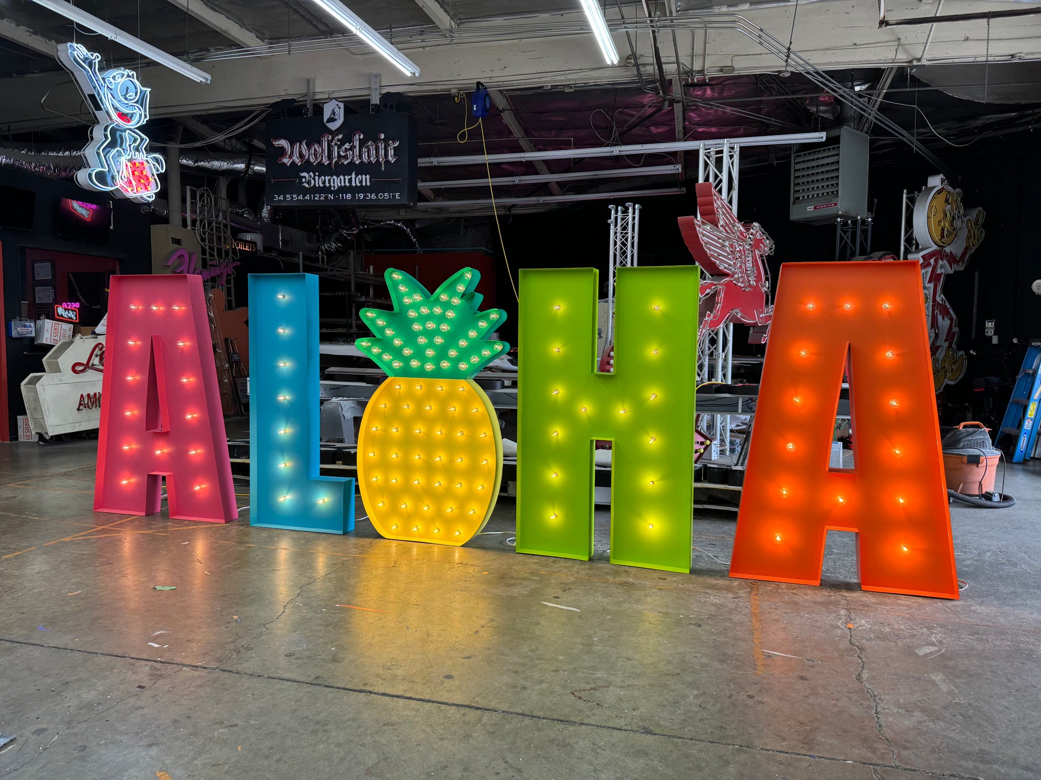 Colorful ALOHA Sign Large Marquee Letters 4ft 5ft Tall | Large ALOHA Sign | Giant Light Up Pineapple | Large Marquee Letters with Lights | Hawaiian Decorations